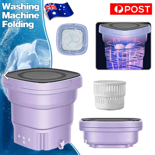 Retail product bundle image, showing the purple washer, accessories, packaging, and folded view, with "UPPOST" branding.