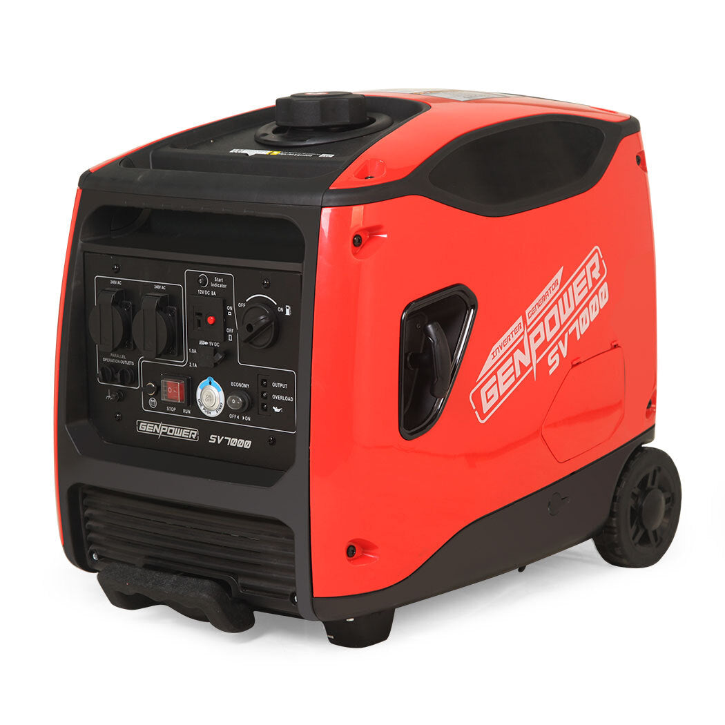 The red generator displayed from a different angle, focusing on its compact and robust design.
