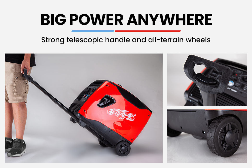 The generator displayed with its wheels and carrying handle, emphasizing portability and versatility for outdoor use.