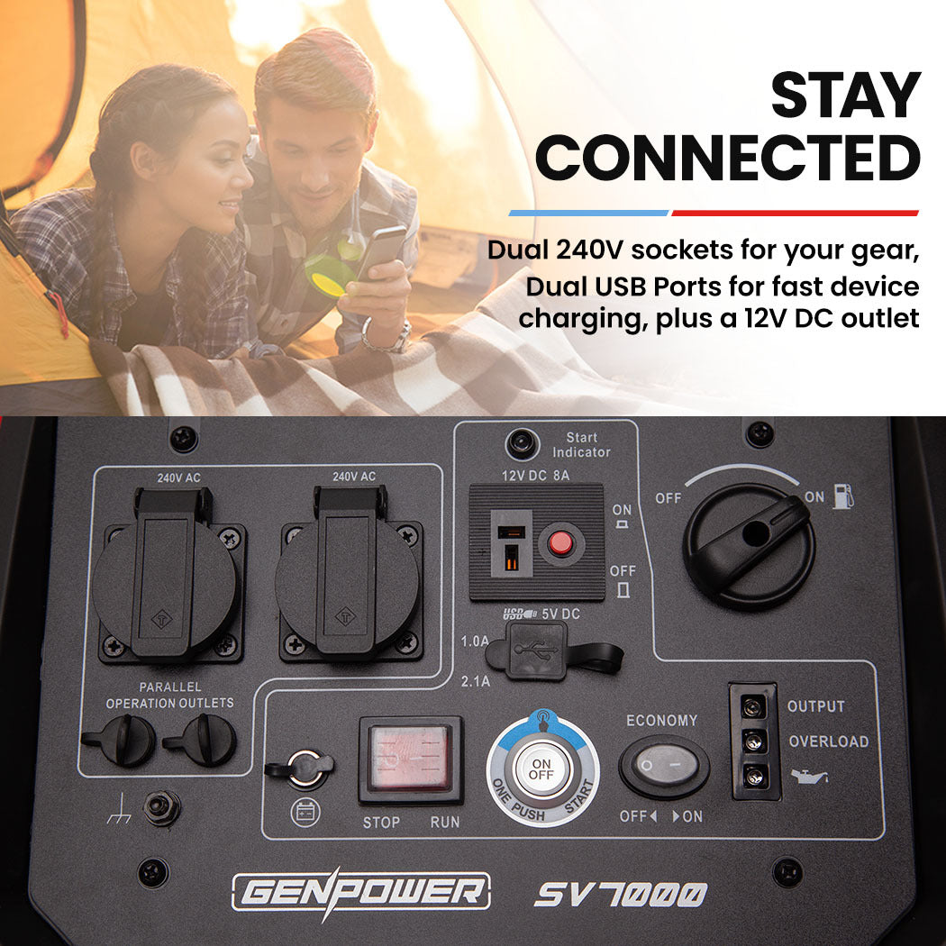 A close-up of the generator’s control panel, showcasing multiple output ports for powering a range of devices and appliances.