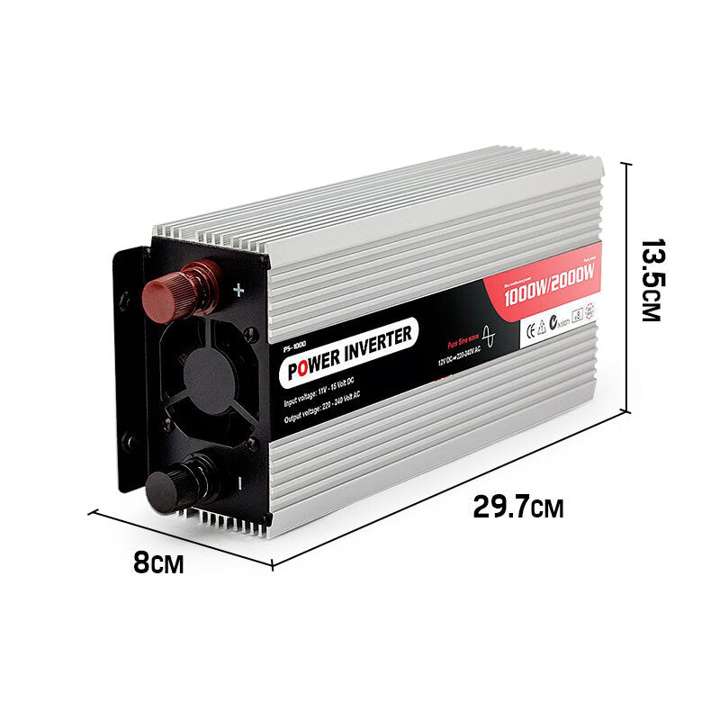 A size reference image showing the dimensions of the power inverter, with measurements displayed for portability considerations.