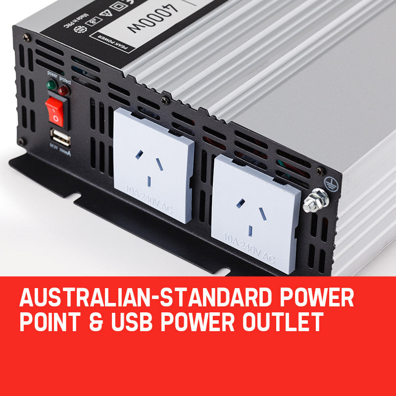 An angled view focusing on the Australian-standard power point and USB power outlet on the inverter, demonstrating its user-friendly design.