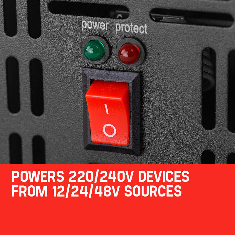 A close-up shot of the power switch and status indicators on the inverter, with a label indicating its ability to power 220V/240V devices from 12V, 24V, or 48V sources.