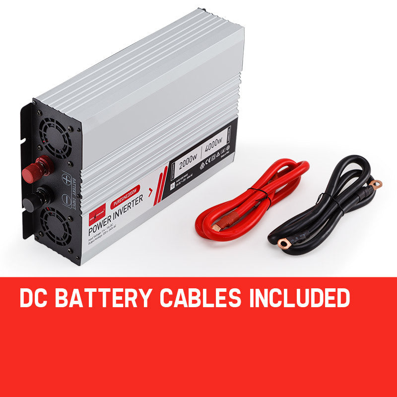 A product shot of the inverter with included DC battery cables, highlighting everything provided in the package.