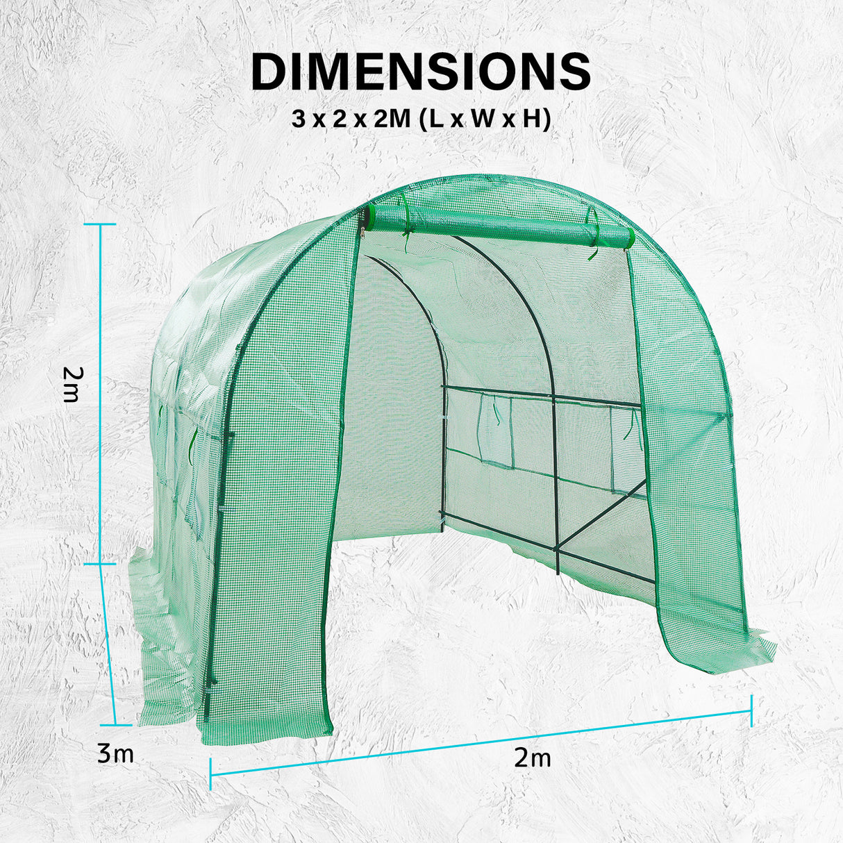 A diagram displaying the dimensions of the greenhouse (300cm x 200cm x 200cm), providing an accurate size reference.
