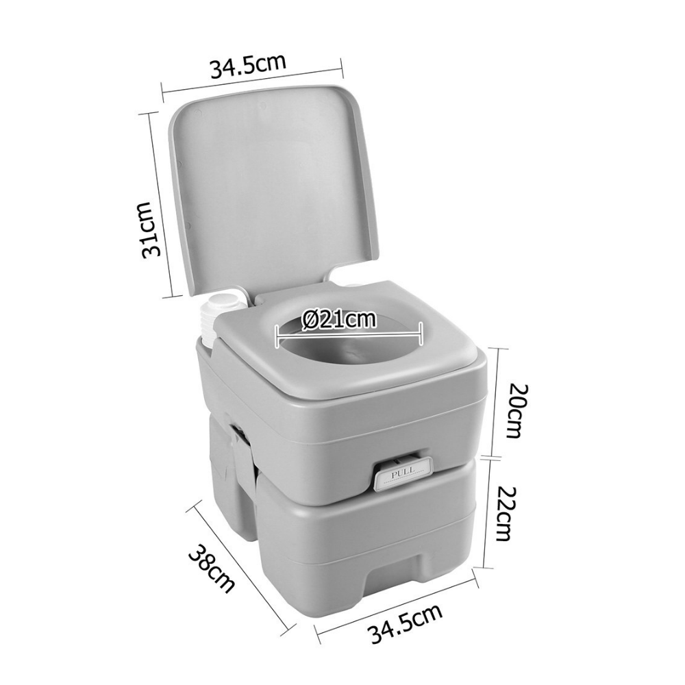 Measurement diagram of toilet, showing dimensions and portability with lid open and arrows pointing to features.