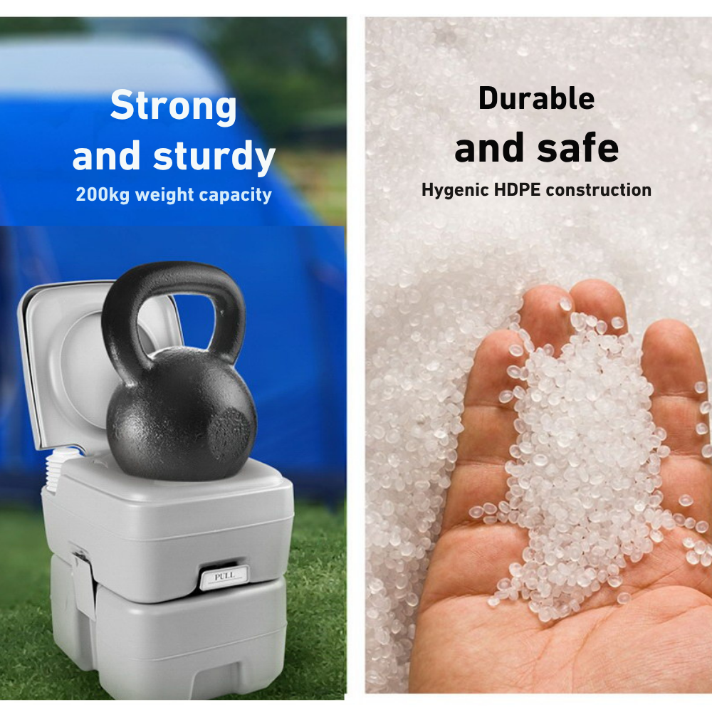 Hand squeezing sand next to toilet unit, highlighting the product's strong and durable plastic construction.