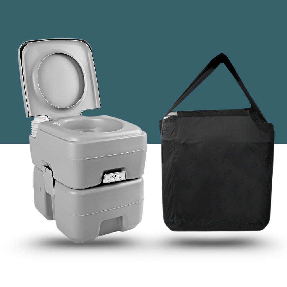 Portable grey camping toilet with lid open, shown next to its black carry/storage bag on a teal background.
