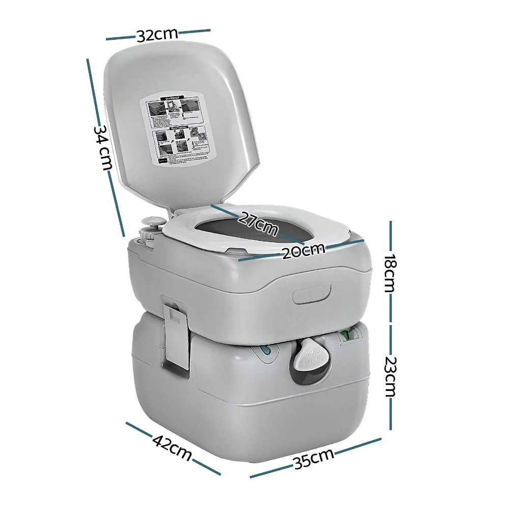 Measurement diagram of toilet, showing dimensions and portability with lid open and arrows pointing to features.