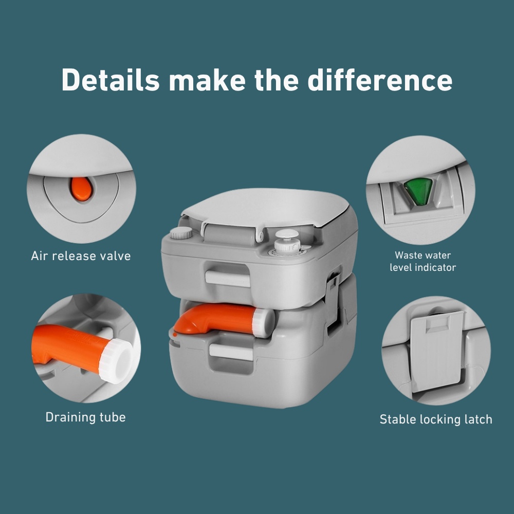 Feature highlight graphic, showcasing the toilet’s smart vent button, sliding valve, and sealed compartment.
