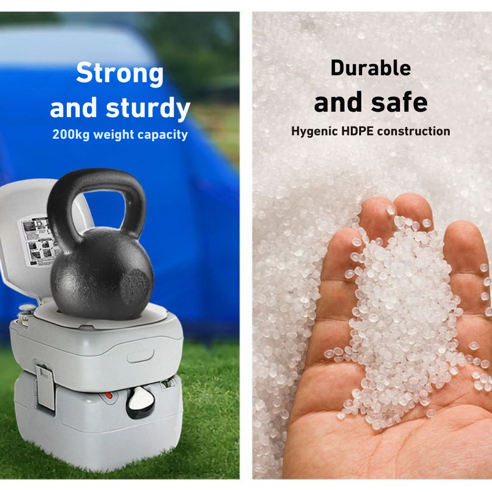 Hand squeezing sand next to toilet unit, highlighting the product's strong and durable plastic construction.