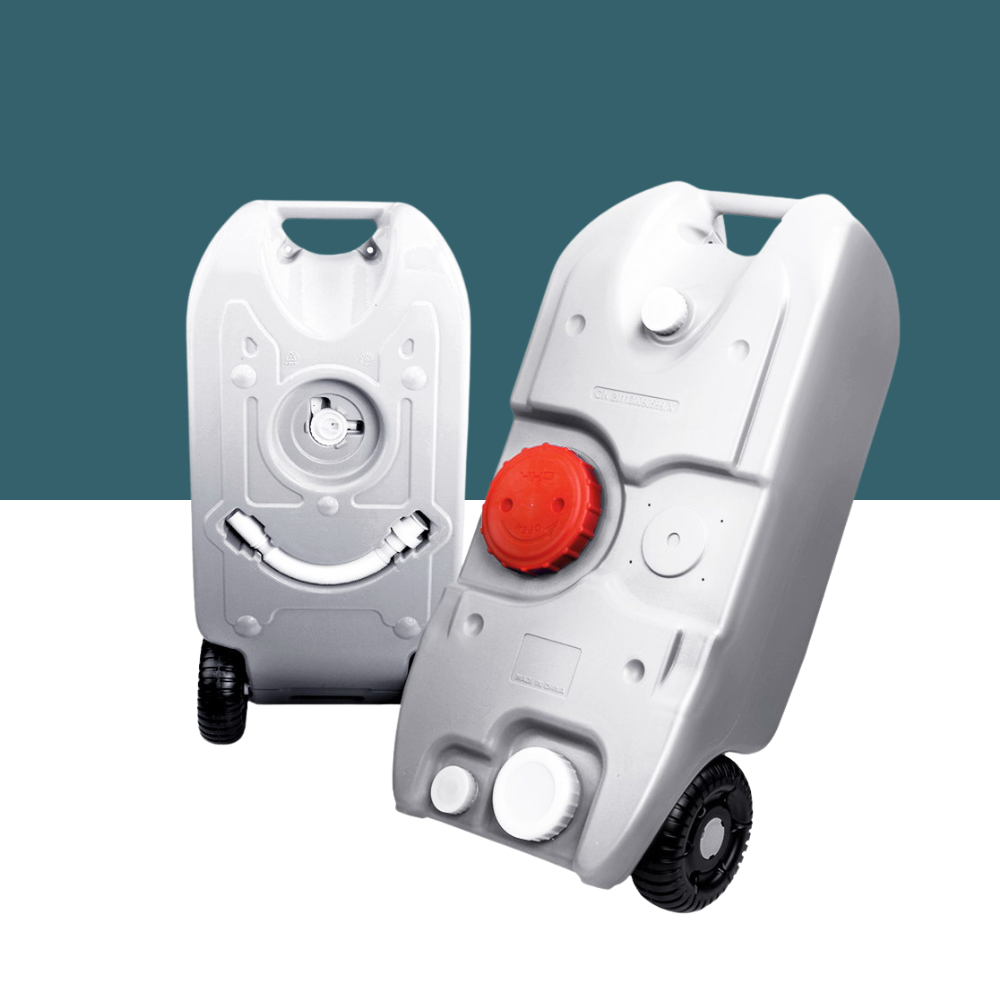 Side-by-side view of two grey wheeled water tanks against a plain background.