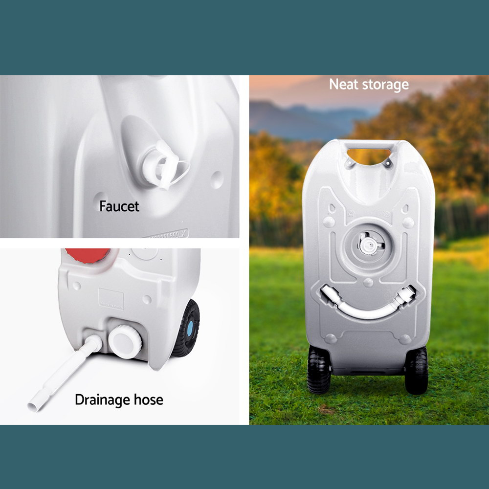 Two views of the water tank in an outdoor setting with overlay text highlighting features.