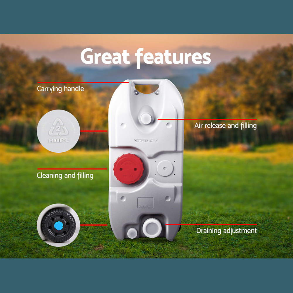 Graphic displaying key features of the water tank including handle and wheels, in an outdoor setting.