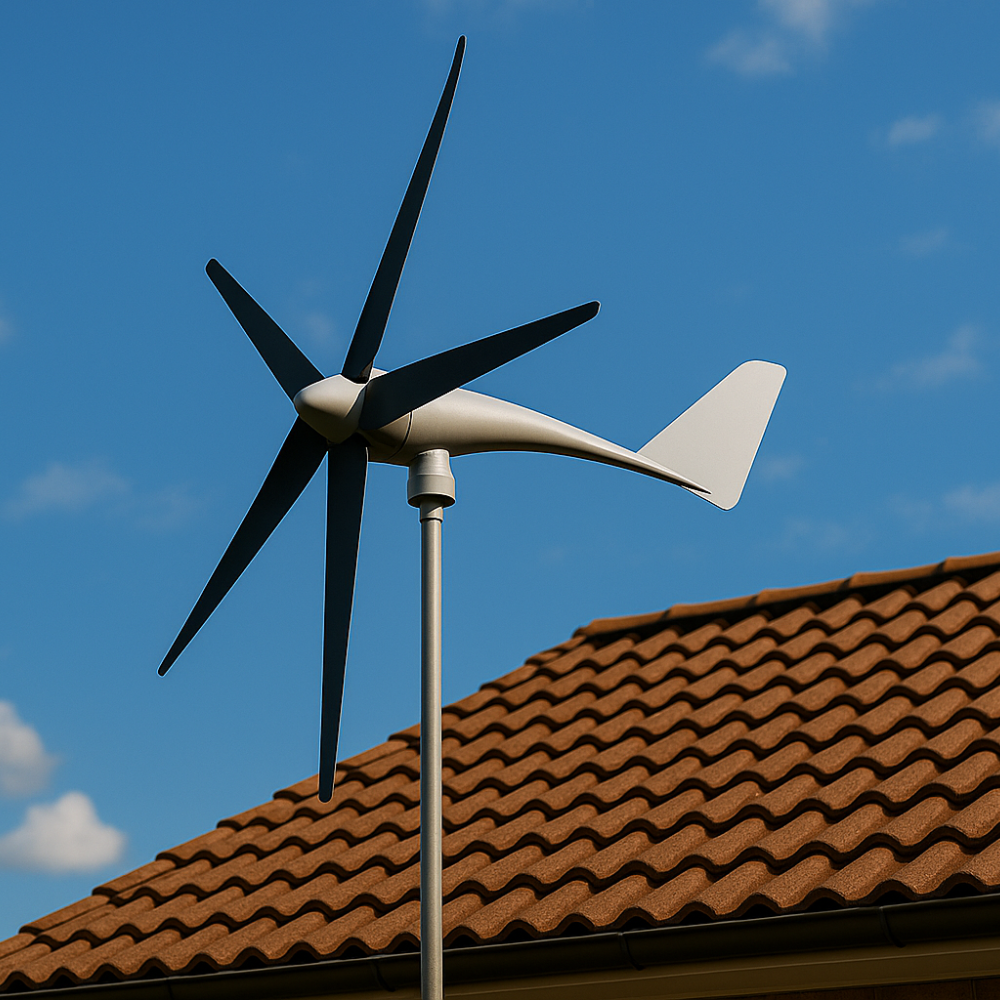 Wind turbine installed on a tiled roof, set against a clear blue sky.