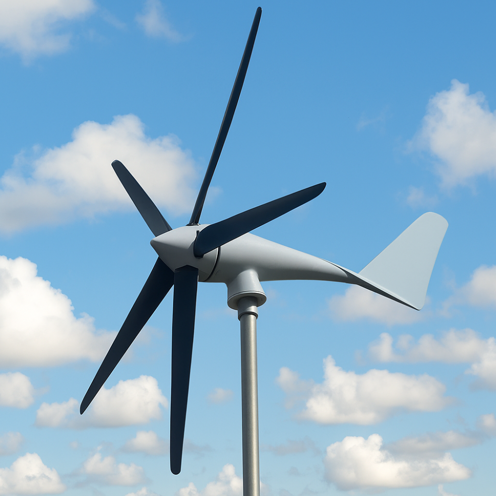 Wind turbine in operation with all blades visible, photographed from below with a background of scattered clouds.