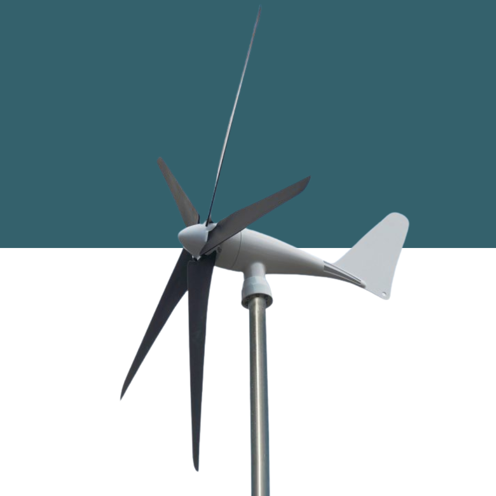 Close-up view of a black and white residential wind turbine against a split background of teal and white.