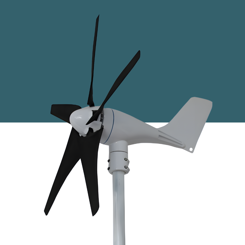 Marine Wind Generator Installed at a Marina – A white marine wind generator spinning at high speed, mounted on a pole among sailboats in a marina, with a cloudy sky in the background.