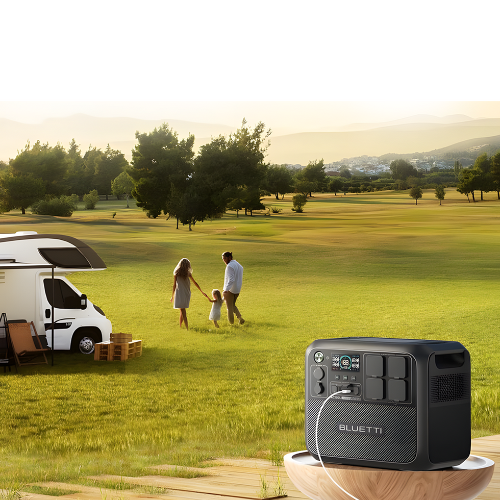 A serene outdoor camping scene featuring a modern camper van parked on a grassy field with a family enjoying the outdoors in the background. A portable power station sits prominently in the foreground, symbolizing off-grid convenience and energy reliability.