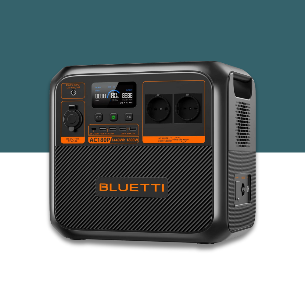 Right-angled rear view of Bluetti power station on a two-tone background, showing vent panels and ergonomic grip areas.