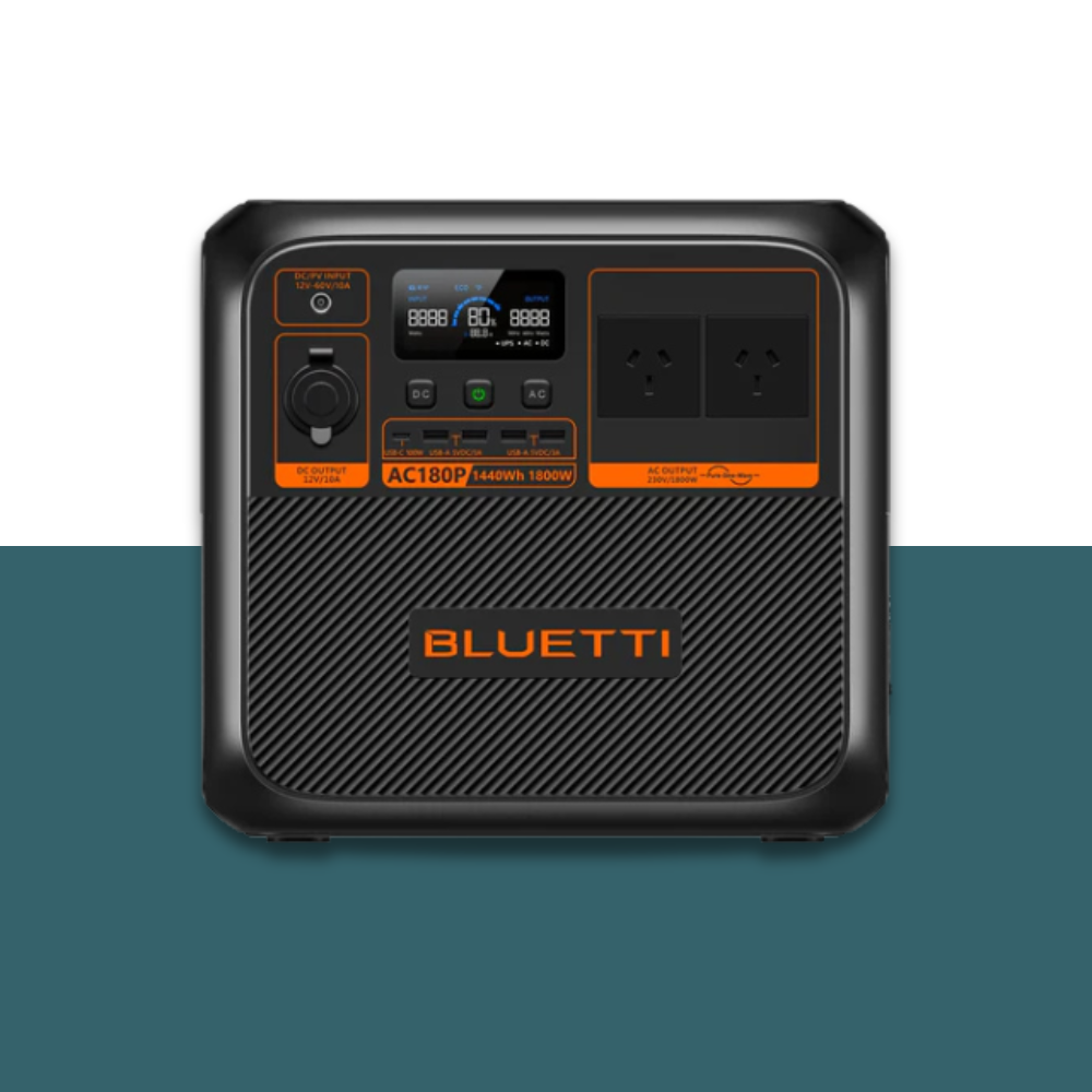 Front-facing view of Bluetti portable power station on a blue and white background, showing control panel, AC outlets, and branding.