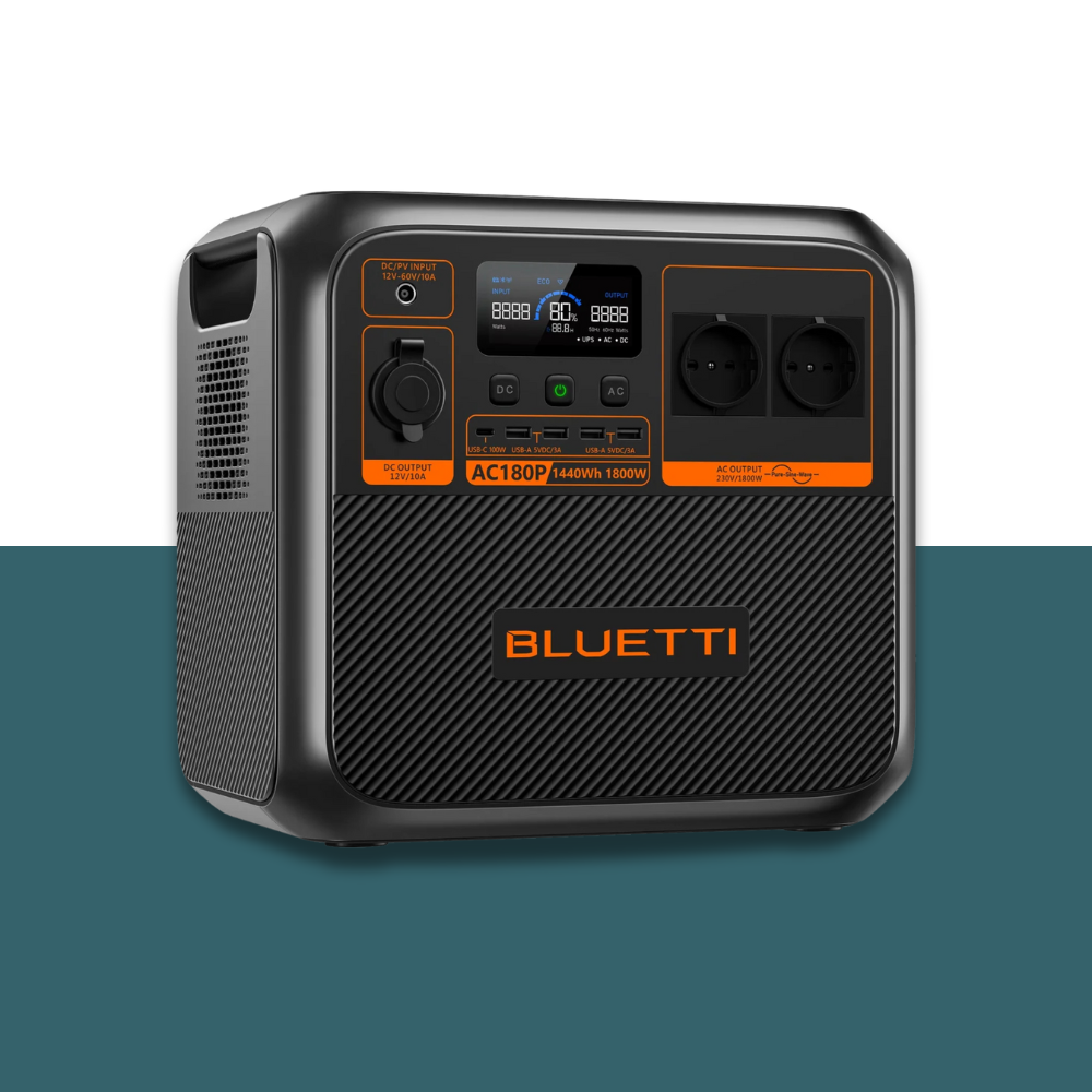 Angled side view of Bluetti unit highlighting port arrangement and compact design on a two-tone background.