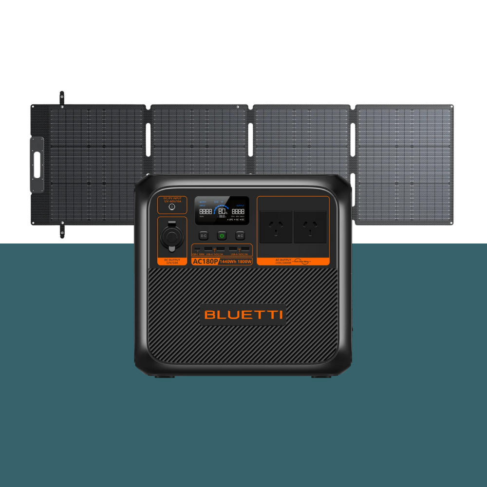 Bluetti power station connected to a solar panel array, representing solar charging functionality on a clean blue backdrop.