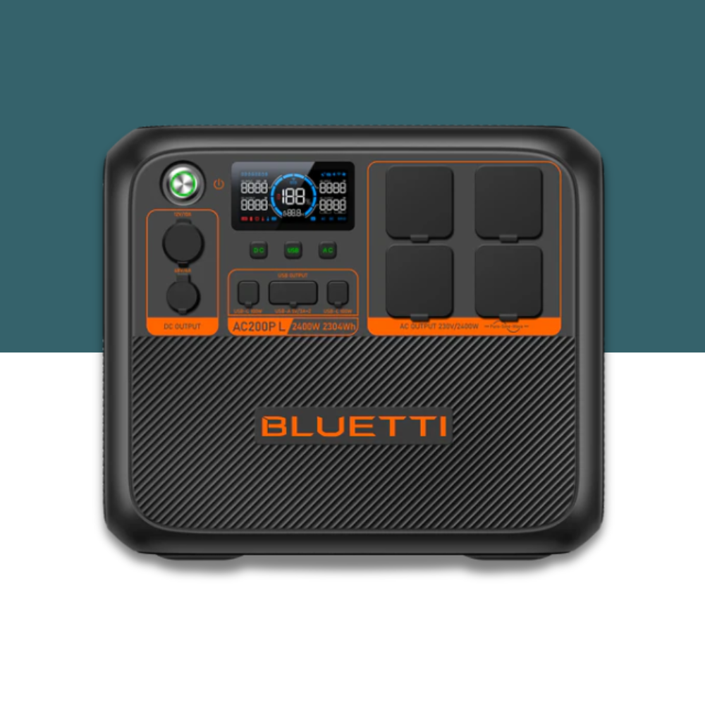 Front view of Bluetti portable power station with multiple AC and DC outlets, a digital screen, and control buttons on a blue and white background.