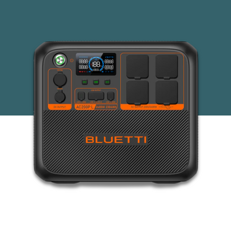 Front view of Bluetti portable power station with multiple AC and DC outlets, a digital screen, and control buttons on a blue and white background.