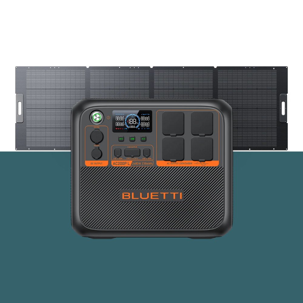 Bluetti unit connected to a large solar panel array, positioned on a blue and white background.