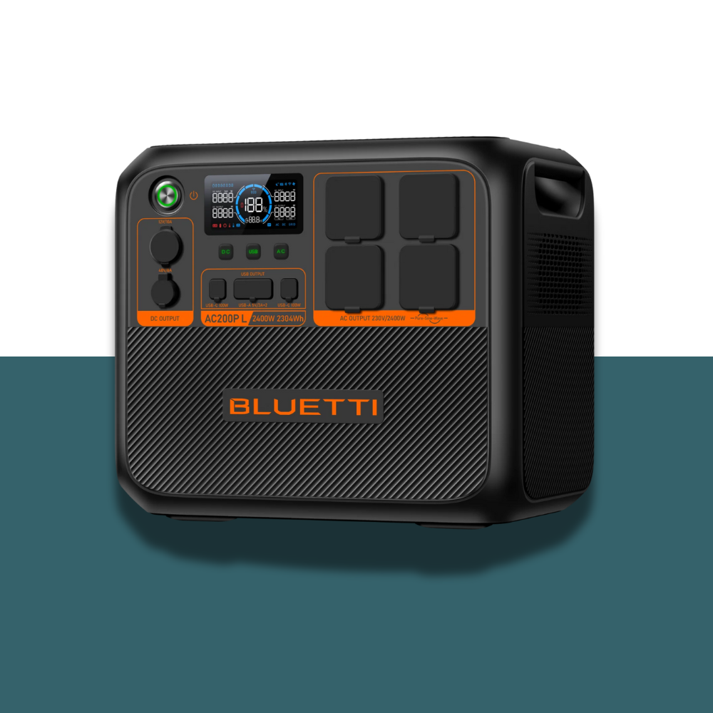 Straight-on product view of Bluetti power station, highlighting display and orange branding strip.