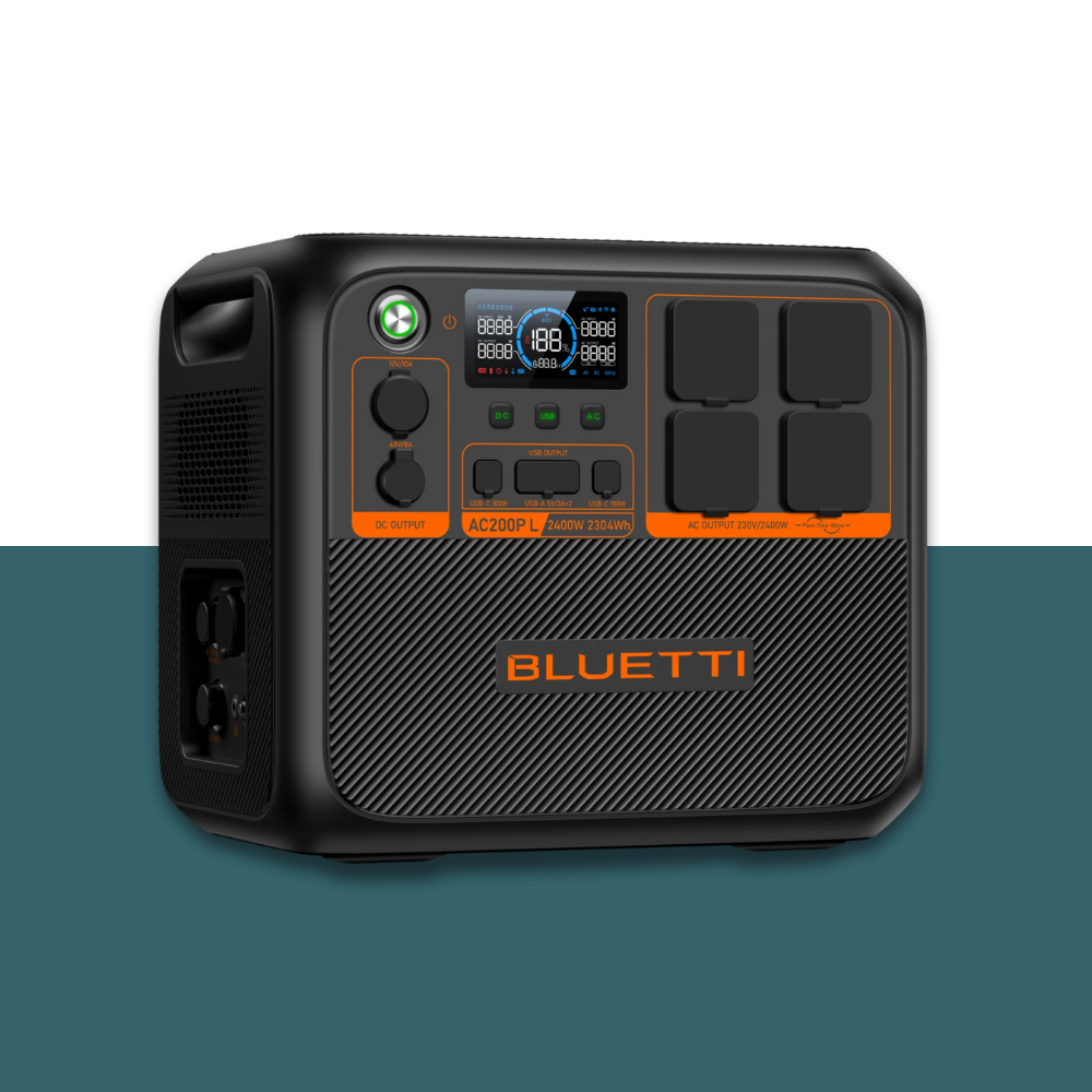 Side view of Bluetti unit with cooling vents visible, placed on a clean, two-tone background.
