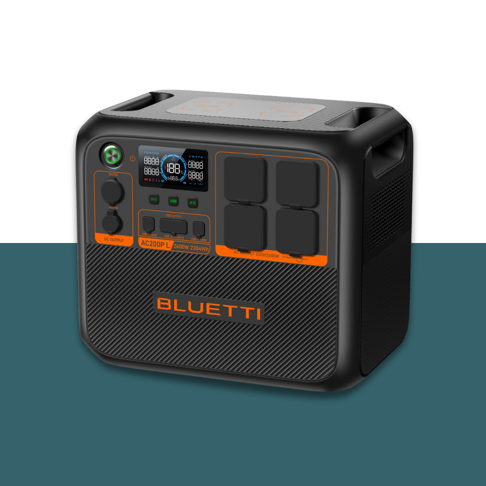 Right-side angled view of Bluetti power station, showing port configuration and branding.