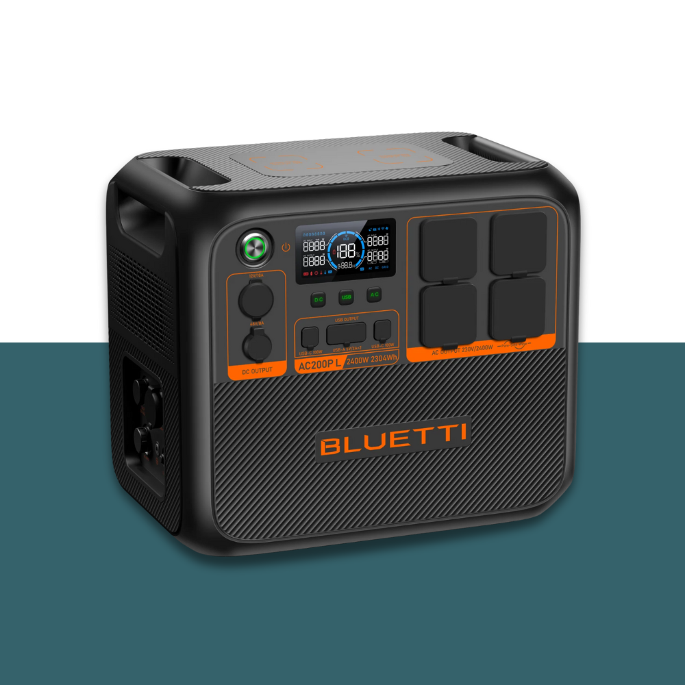 Angled side view of Bluetti unit showing compact profile and port layout, placed against a stylised background.