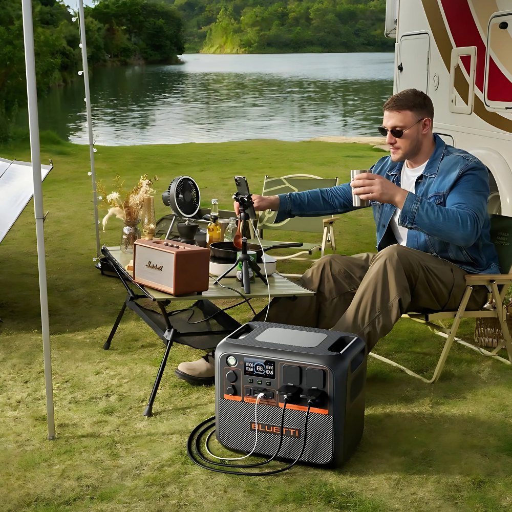 People relaxing outdoors beside a lake, using the Bluetti power station to power a blender and other devices at a picnic table.