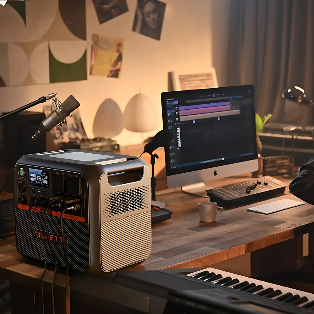 Indoor music production setup powered by Bluetti, with the unit on a desk next to a laptop, headphones, and audio equipment.