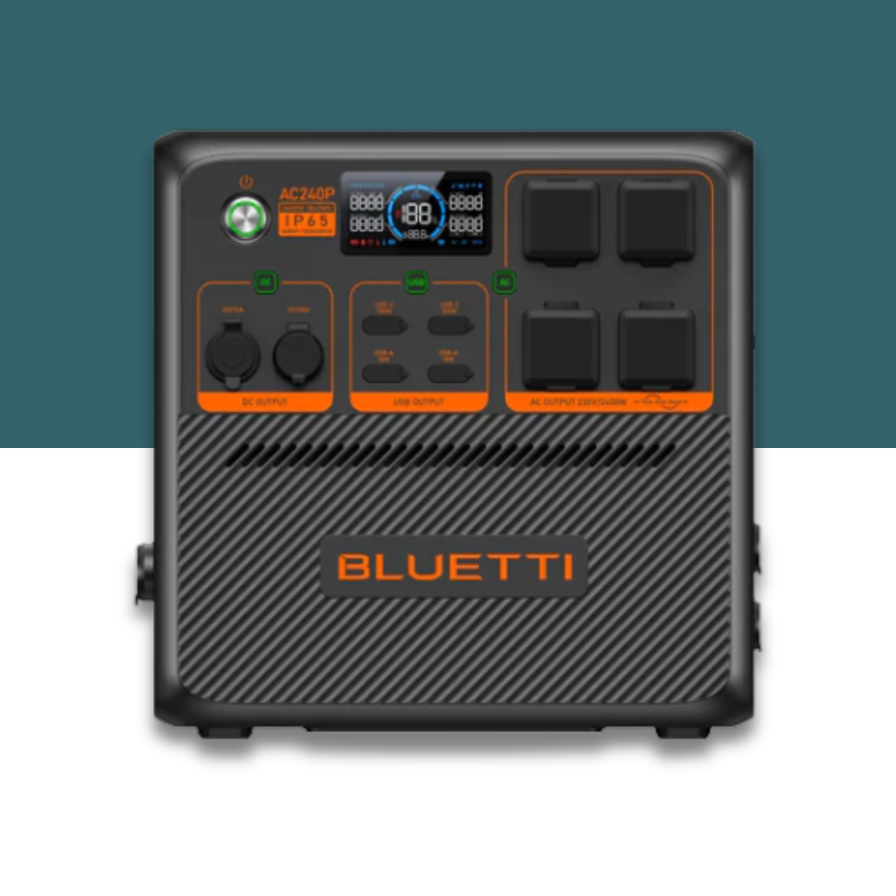 Straight-on product view of Bluetti unit on a blue and white background, highlighting AC ports, buttons, and digital display.