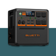 Angled front-left view of Bluetti portable power station with multiple AC outlets, a touchscreen display, and signature orange branding on a blue and white background.