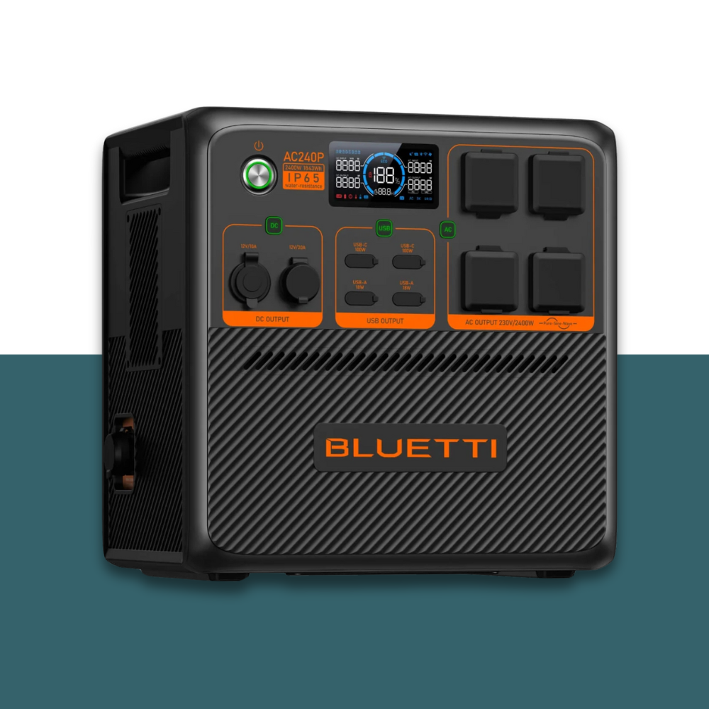 Angled front-left view of Bluetti portable power station with multiple AC outlets, a touchscreen display, and signature orange branding on a blue and white background.