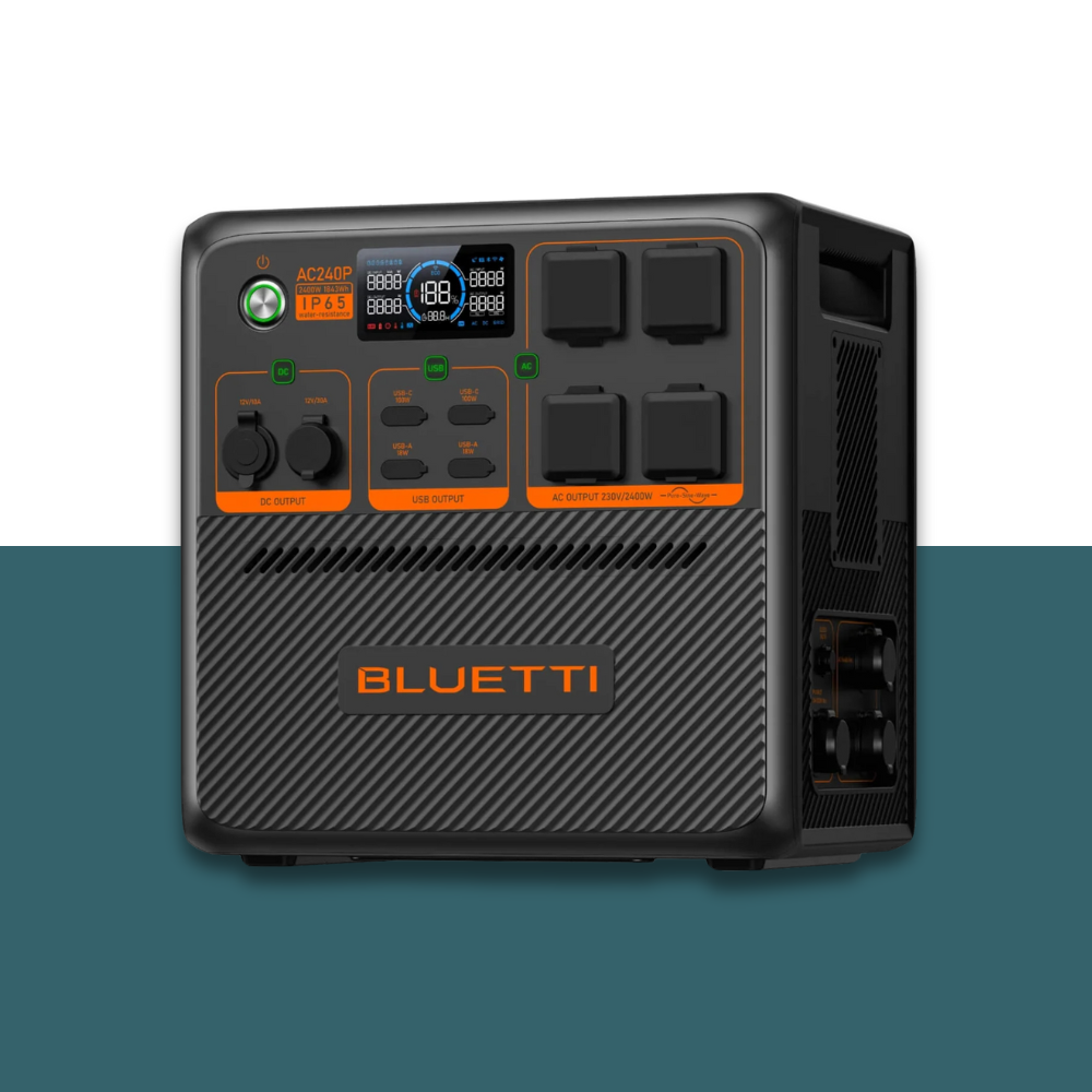 Side-angled view of Bluetti power station showing full front panel interface and cooling vents, placed on a stylised background.