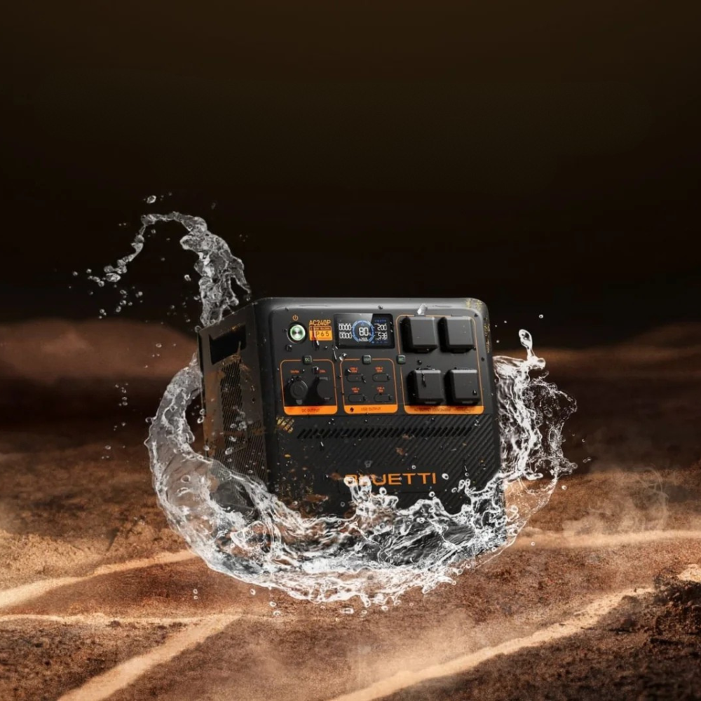 Bluetti power station splashing into water, showcasing water-resistant and dustproof durability.