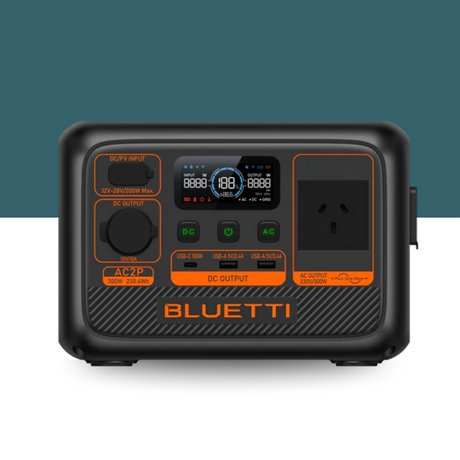 Bluetti portable power station front view on teal background.
