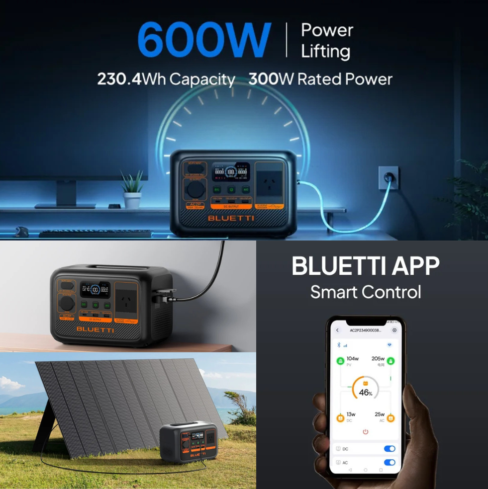 Bluetti 600W power station promotional graphic with solar panels and app display.
