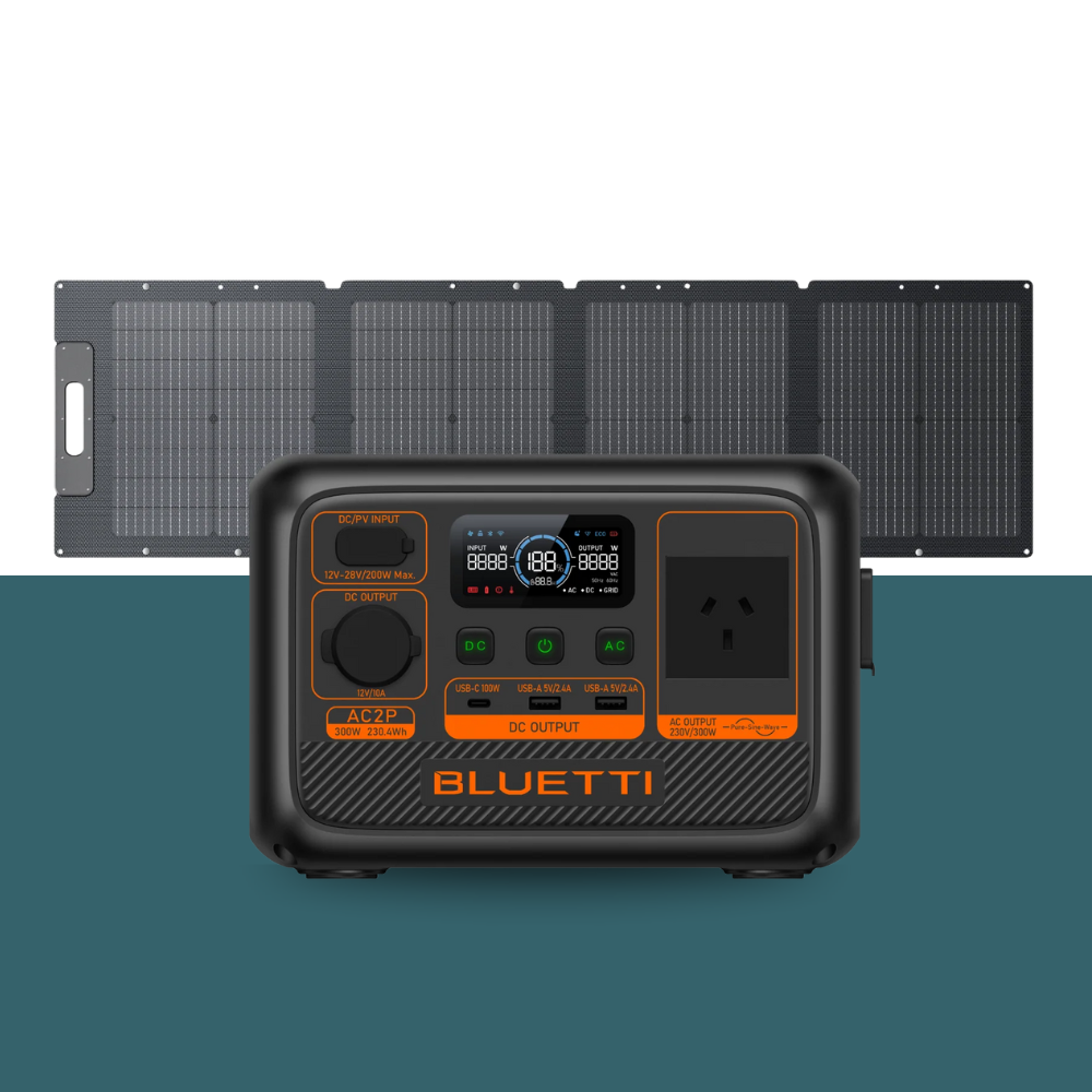 Bluetti power station connected to solar panels on teal background.
