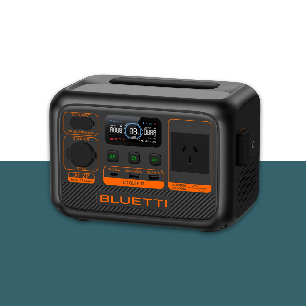 Front view of Bluetti power station with orange trim on teal background.