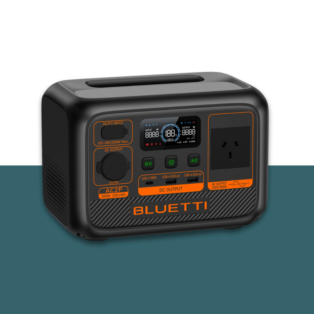 Angled front-left view of Bluetti power station showing outlets.