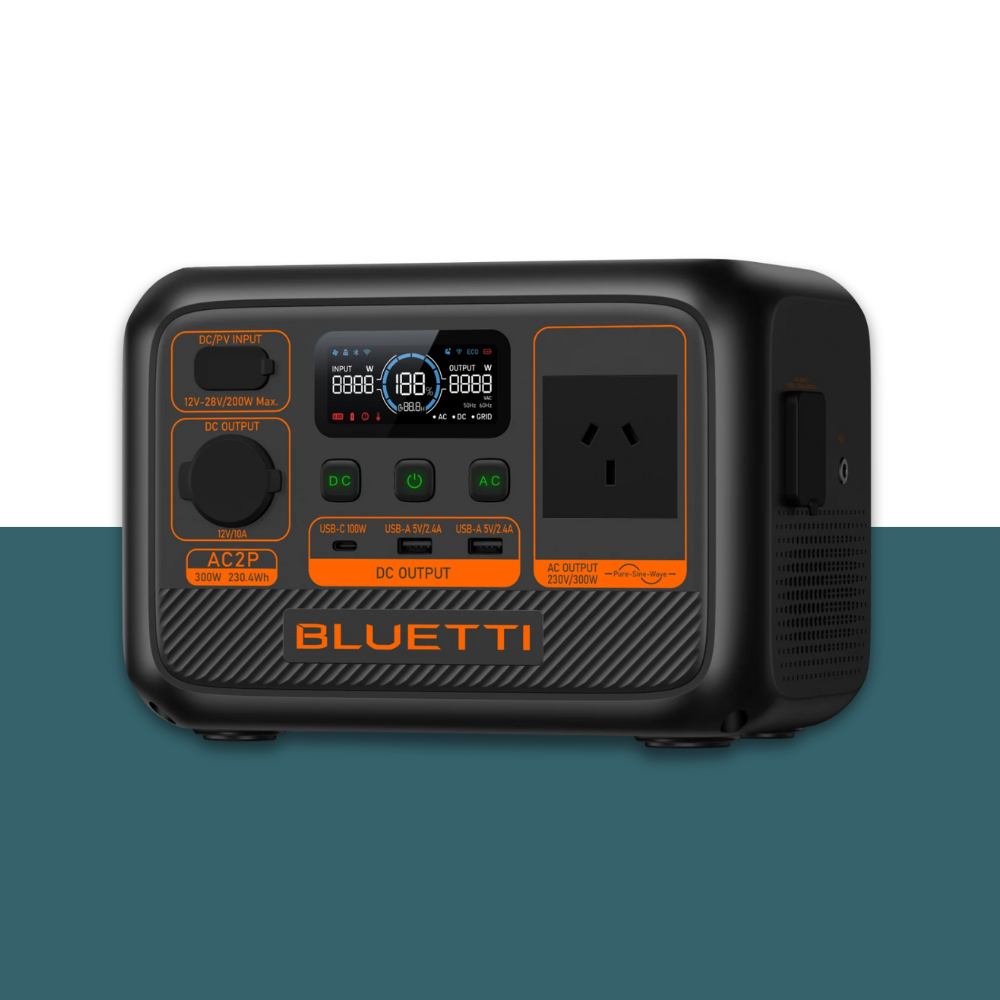 Rear view of Bluetti power station showing vent and handle.