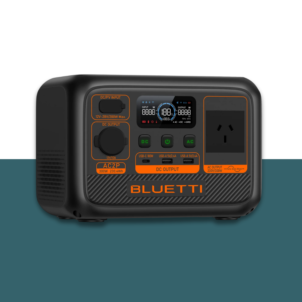 Angled rear-right view of Bluetti power station with display and ports.