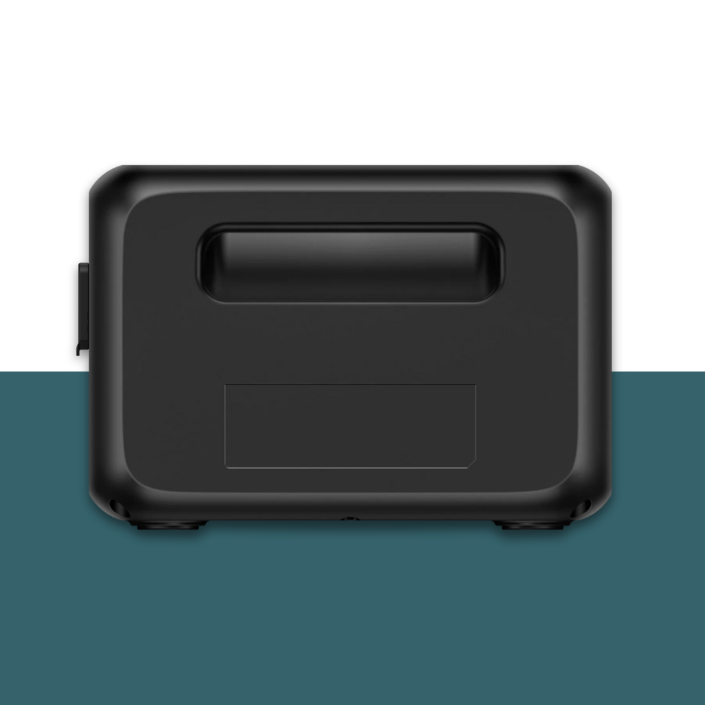 Front-left view of Bluetti power station on teal background.