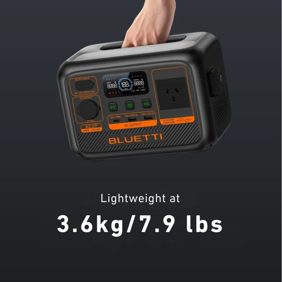 Bluetti power station being carried with one hand, showing 3.6kg/7.9lbs label.